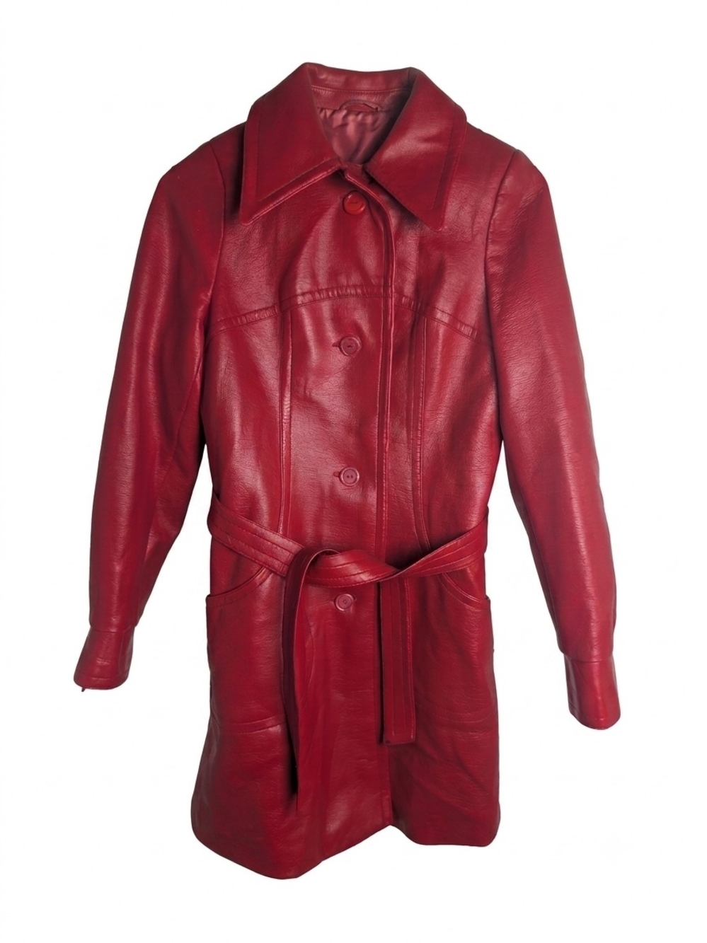 Vintage 70s Makyta Puchov Red Faux Leather Trench Coat Dagger Collar Mob Wife S
